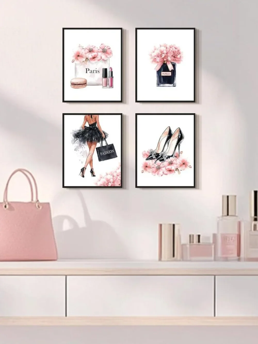 Glam Pink Beauty Wall Art Set - Framed Makeup Decor for Bedroom & Bathroom, 8x10